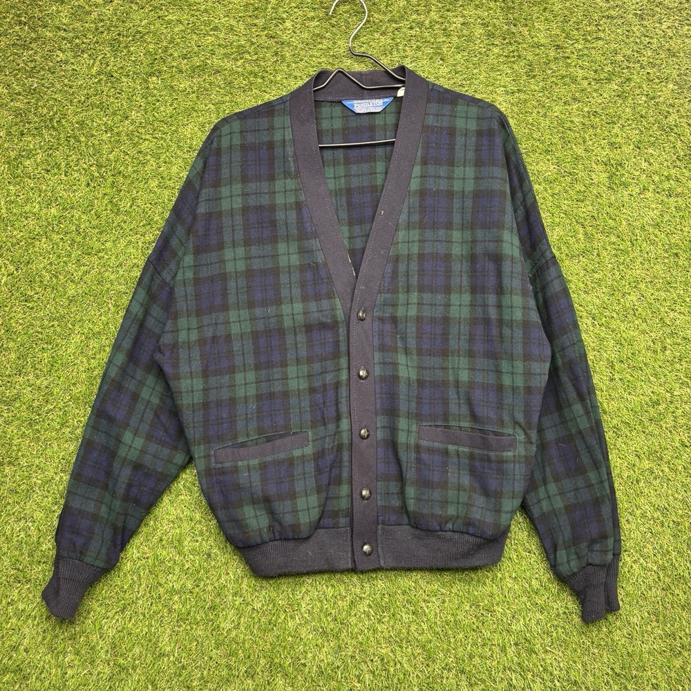 Vintage Pendleton Wool Cardigan Mens Large USA Virgin Green Blue Button Plaid